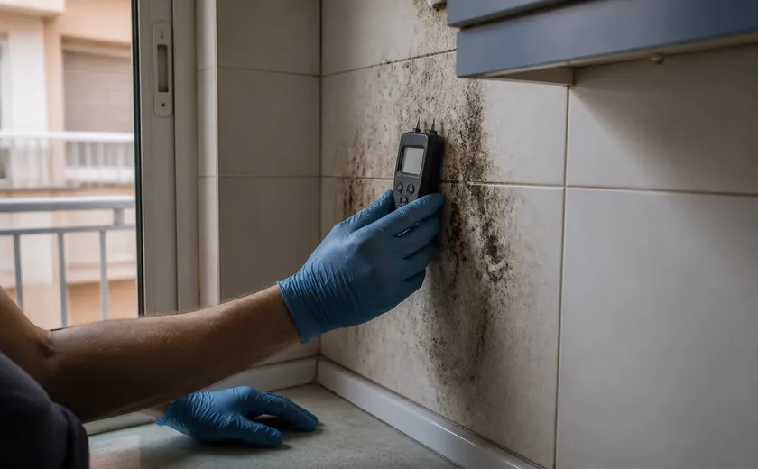 Medición de humedad en un muro de cocina de Murcia para detectar una fuga de agua